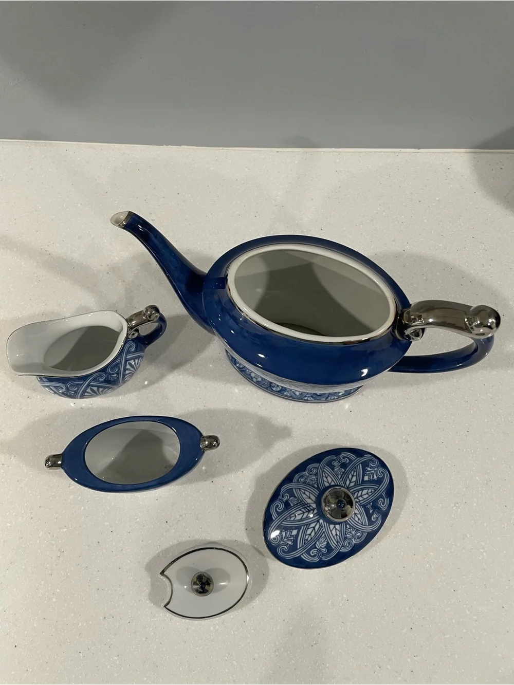 Bombay Blue & White Porcelain Tea Set – Teapot, Creamer & Lidded Sugar Bowl